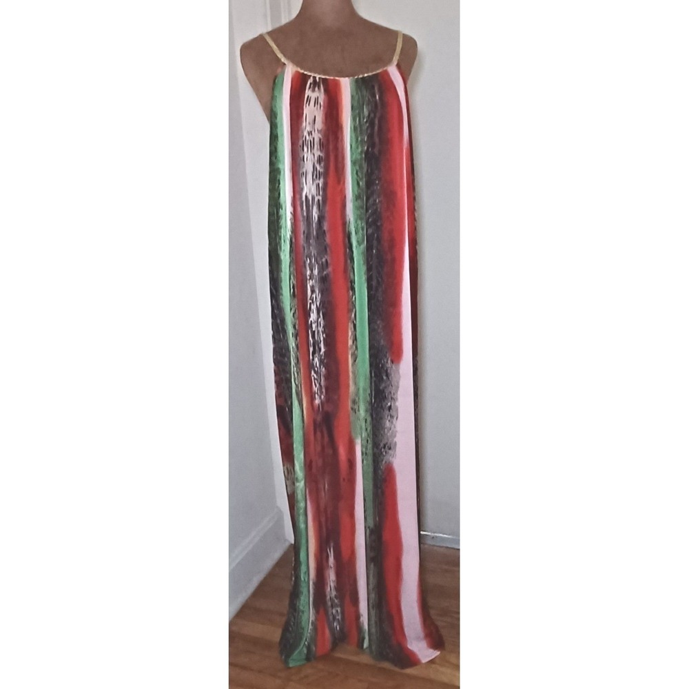 Boho Flowy Silk Maxi Dress XL Loose Fit Vacation Beach‎ Resort Cruise NO BELT